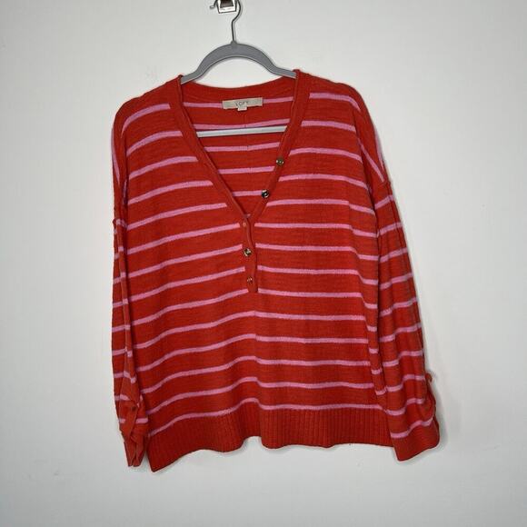 LOFT Sweater Womens XL Pink Striped Button Henley Knit Slouchy Beachy Summer - Picture 12 of 16